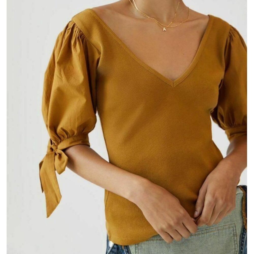 Maeve Anthropologie Puff-Sleeved Blouse Top Ribbed Tie Cuff Gold S NWT 282024